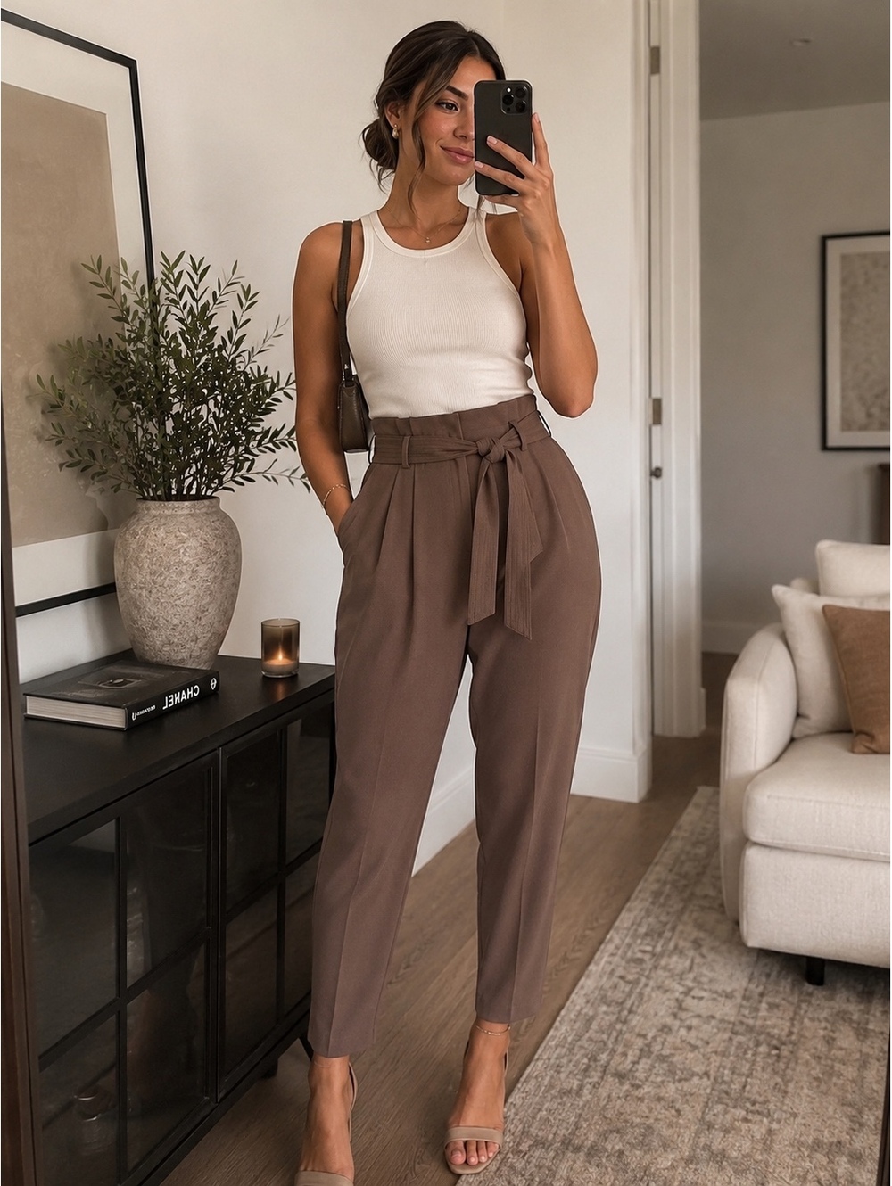 Athleta Skyline Plaid Pant II Paperbag Waist Brown Size 16T NWT